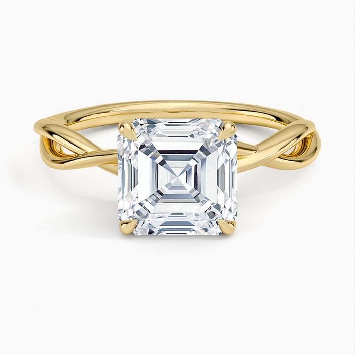 Asscher cut moissanite plain open crossover twist ring in yellow gold, top view