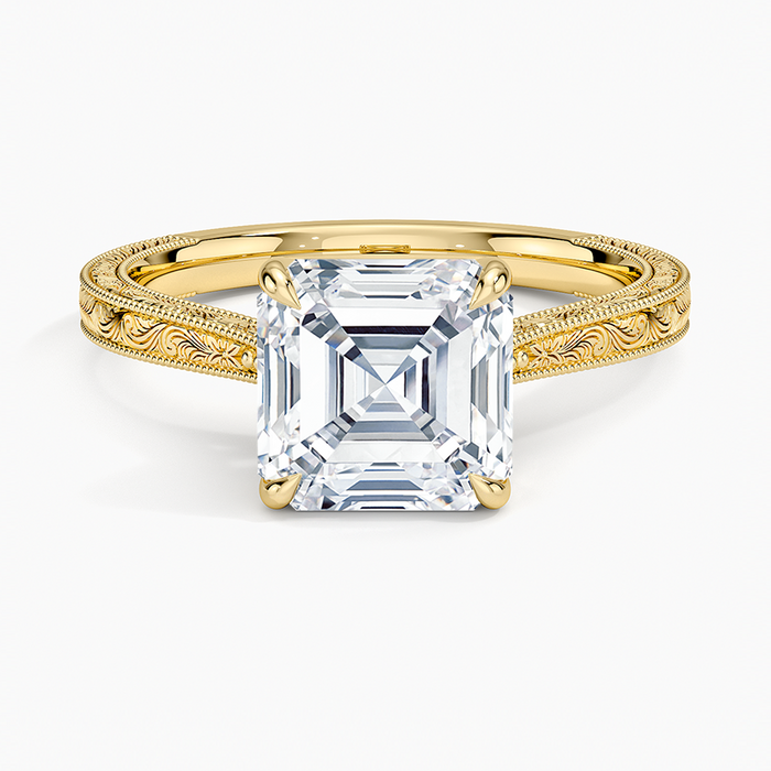 Asscher cut moissanite tapered wheat engraved ring in yellow gold, top view
