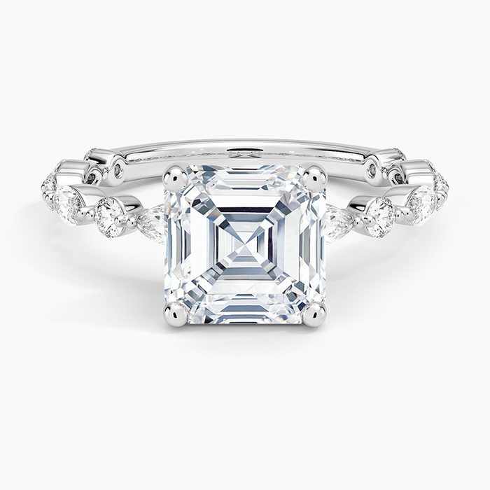Asscher cut moissanite three quarter marquise eternity ring in white gold, top view