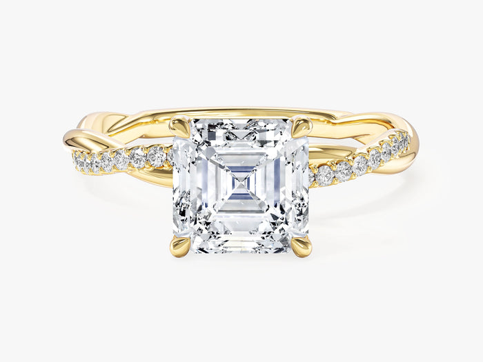 Asscher cut lab grown diamond twisted engagement ring with pave side stones in yellow gold, front view