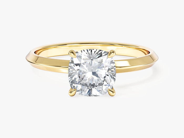 Cushion cut lab grown diamond engagement ring with knife edge band in yellow gold, front view