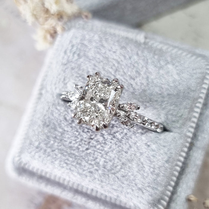 Elongated cushion cut moissanite marquise petal cluster engagement ring in white gold, view 2