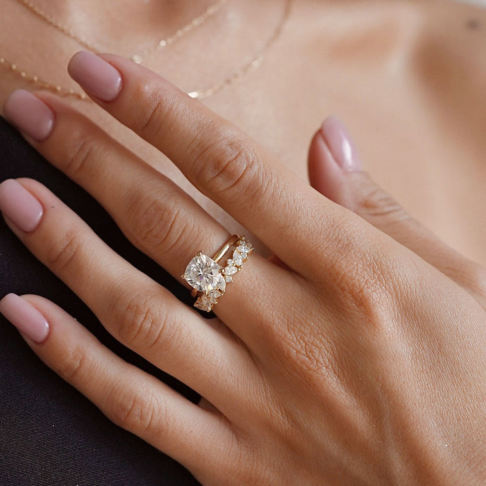 Cushion cut moissanite plain band solitaire engagement ring in yellow gold