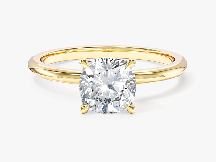 Cushion cut lab grown diamond four prong solitaire engagement ring in yellow gold, front view