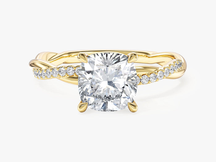 Cushion lab grown diamond twisted pave band engagement ring in yellow gold, front view