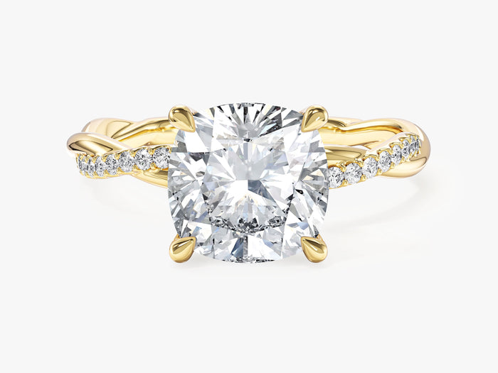 Large cushion lab grown diamond crossover twist engagement ring in yellow gold, front view