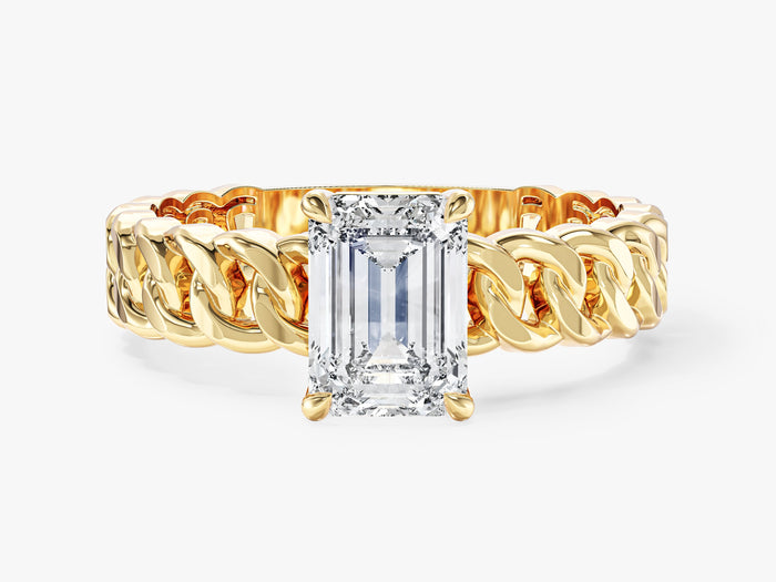 Emerald cut lab grown diamond solitaire with curb chain link band in yellow gold, front view