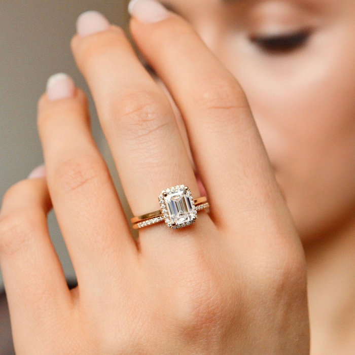 Emerald cut moissanite halo engagement ring with pave band in rose gold, view 2