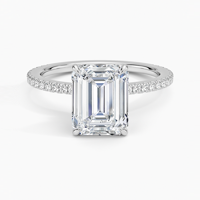 Emerald cut moissanite hidden halo pave engagement ring in white gold, top view