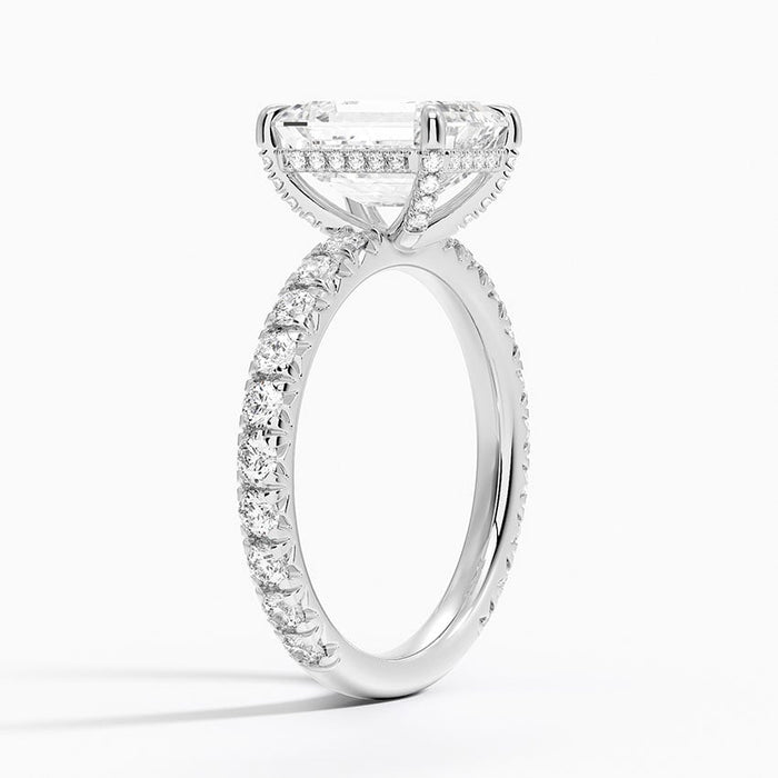 Side profile showing the French pave band, hidden halo and gallery wire