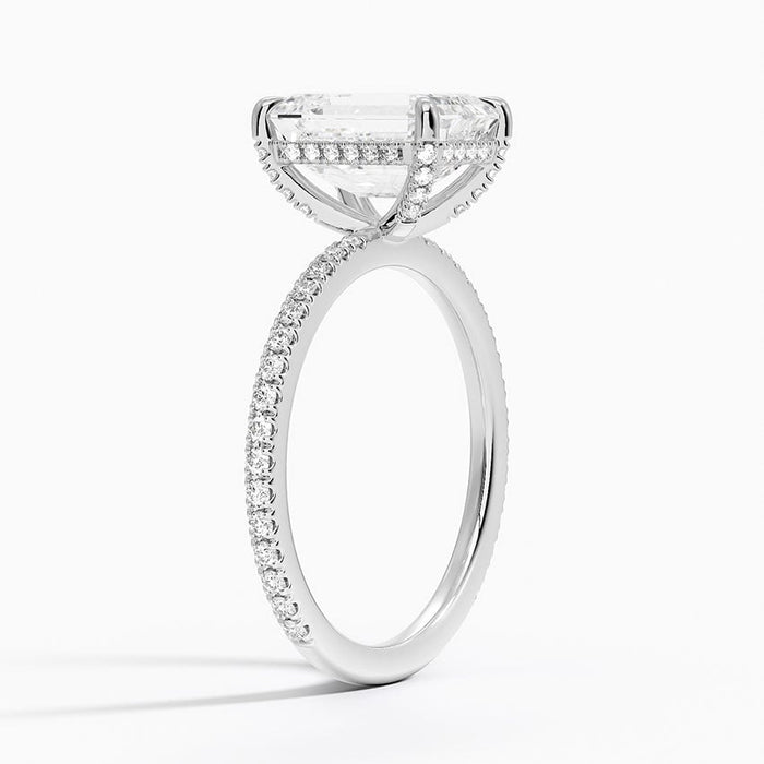 Side profile showing micro pave along the shank and the hidden halo