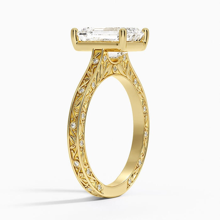 Side profile showing the engraved vine pattern and flush set moissanite accents