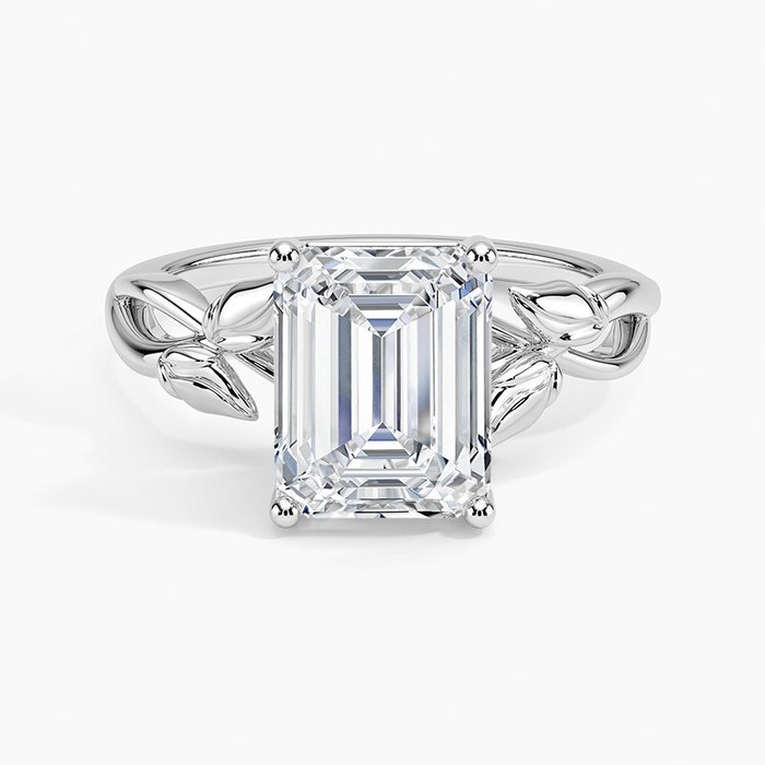 Emerald cut moissanite sculpted willow branch solitaire ring in white gold, top view