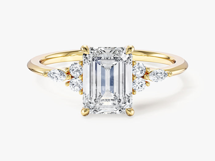 Emerald cut lab grown diamond cluster engagement ring with marquise accents in yellow gold, front view
