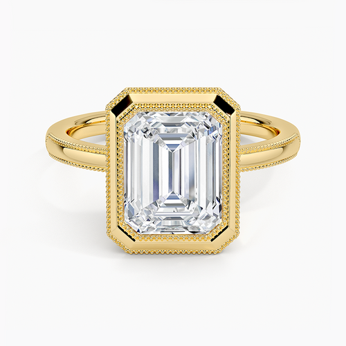 Emerald cut moissanite in a milgrain edged octagonal bezel in yellow gold, top view