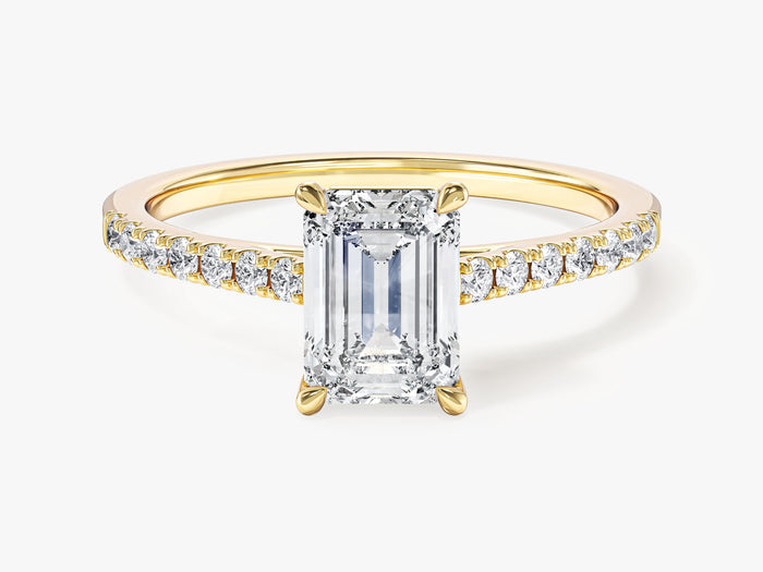 Emerald cut lab grown diamond pave band engagement ring in yellow gold, front view