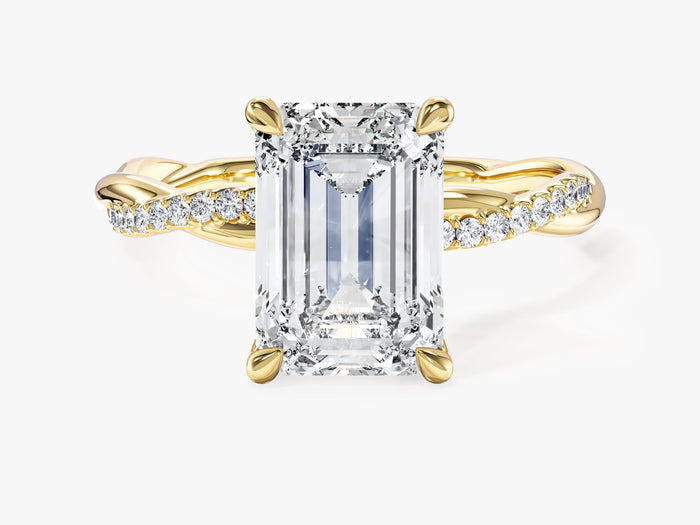 Large emerald cut lab grown diamond rope twist engagement ring with micro pave crossover band in yellow gold, front view
