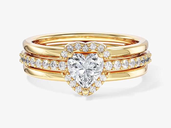 Heart shaped moissanite pave band engagement ring in 14K yellow gold, styled with an open heart enhancer band sold separately