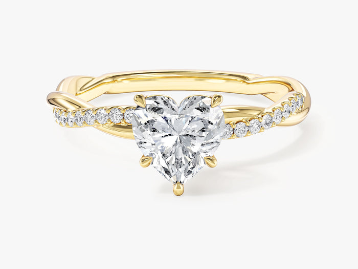 Heart lab grown diamond twisted pave engagement ring in yellow gold, front view