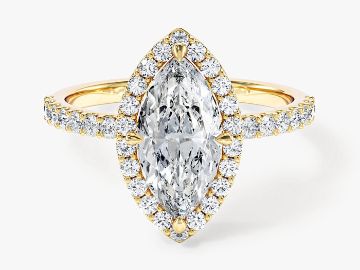 Marquise lab grown diamond engagement ring with diamond halo and micro pave shoulders in yellow gold