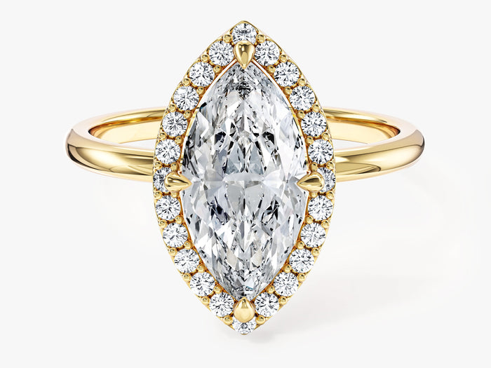 Marquise moissanite halo engagement ring with plain band in 14K yellow gold, front view