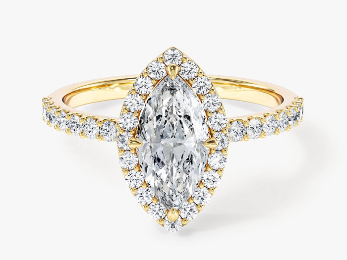 Marquise cut moissanite halo engagement ring with pave band in 14K yellow gold, front view