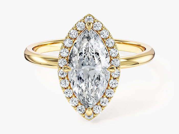 Navette marquise moissanite halo engagement ring on a slim band in 14K yellow gold, front view