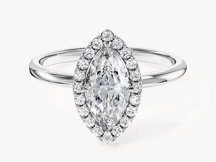Marquise cut moissanite micro prong halo engagement ring in 14K white gold, front view
