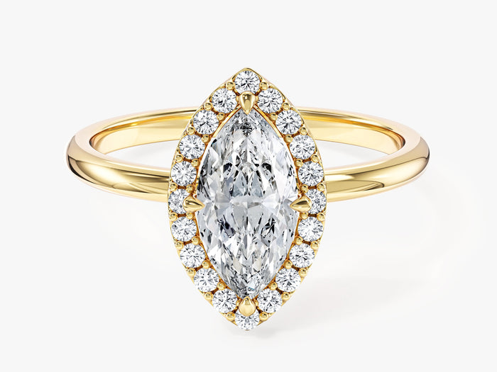 Navette marquise lab grown diamond pave halo engagement ring with thin plain band in yellow gold, front view