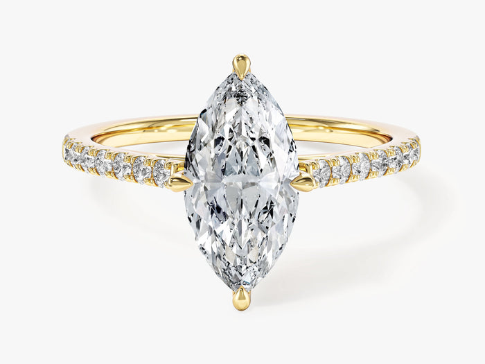 Marquise cut lab grown diamond four claw engagement ring with pave side stones in yellow gold, front view