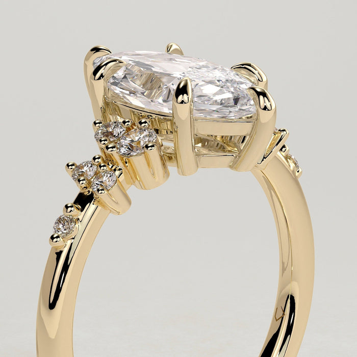 Marquise cut moissanite scattered cluster shoulder engagement ring in yellow gold, view 2