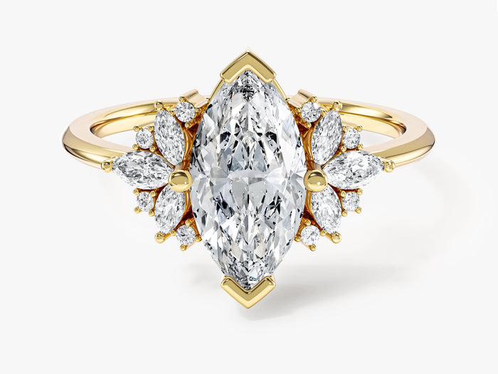 Marquise cut moissanite vintage cluster engagement ring with marquise sunburst in 14K yellow gold, front view