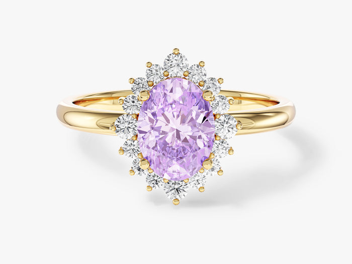Oval moissanite vintage cluster halo engagement ring in 14K yellow gold, lavender display stone