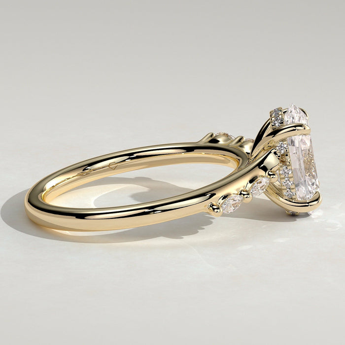 Oval cut moissanite engagement ring with dainty alternating accents in yellow gold, view 2
