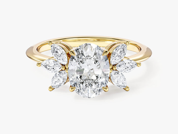 Oval lab grown diamond engagement ring with fanned marquise wing clusters in yellow gold, front view