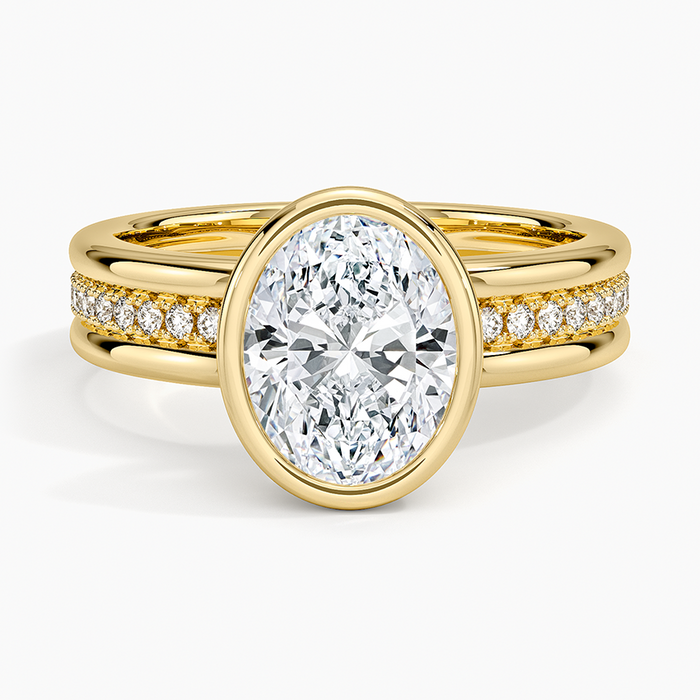 Bezel set oval moissanite double rail eternity pave ring in yellow gold, top view