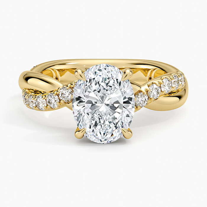 Oval moissanite entwined rope twist pave ring in yellow gold, top view