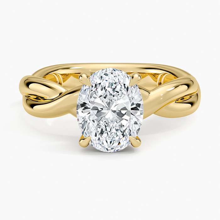 Oval moissanite plain entwined rope solitaire in yellow gold, top view