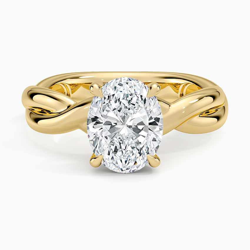 Oval moissanite plain entwined rope solitaire in yellow gold, top view
