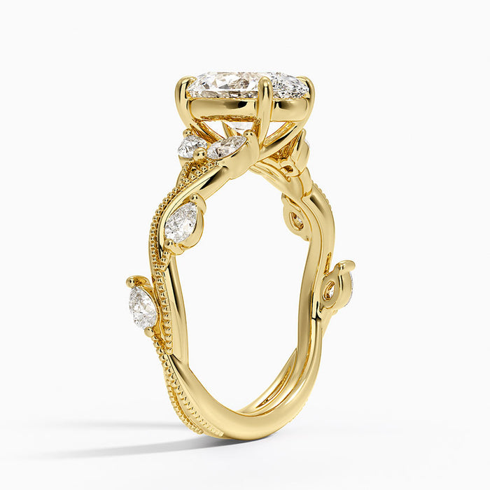 Side view showing bezel set accents along the twisting vine shank