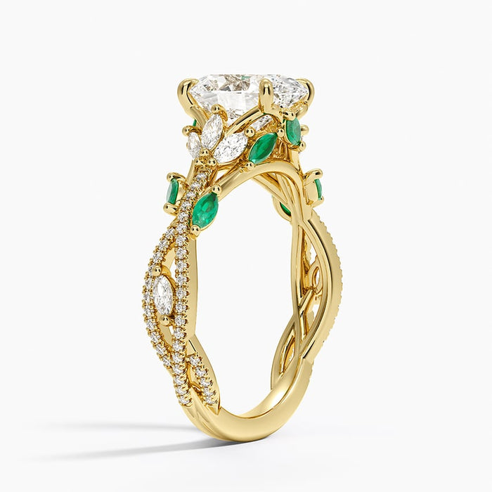 Side view of the twisting double vine with pave and emerald marquise leaves