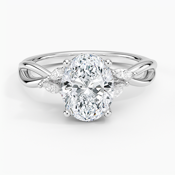 Oval moissanite entwined vine ring with marquise leaf accents in white gold, top view