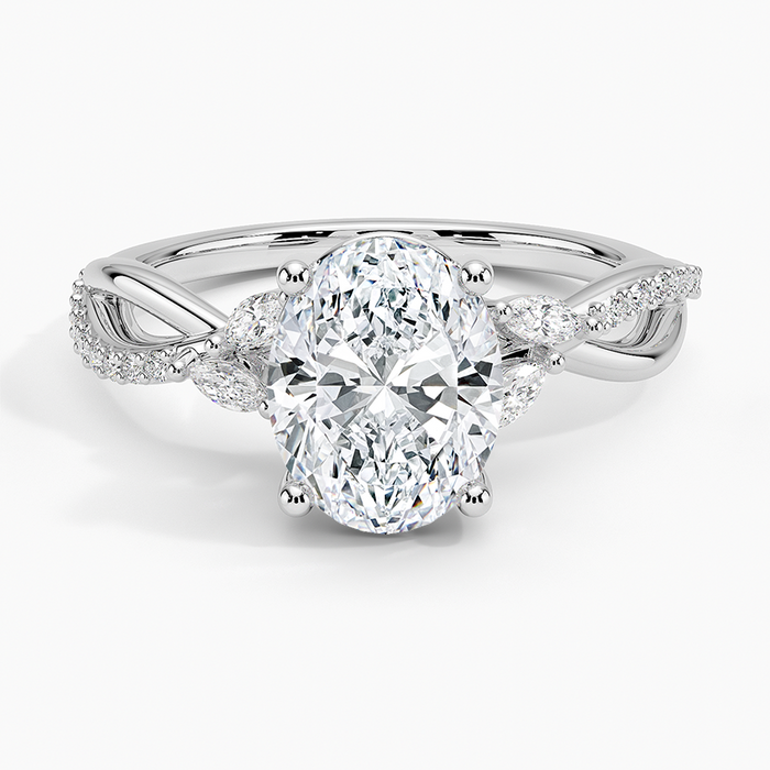 Oval moissanite with marquise petals on a twisted vine in white gold, top view