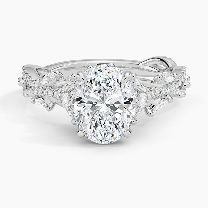 Oval moissanite pave vine and leaf engagement ring in white gold, top view