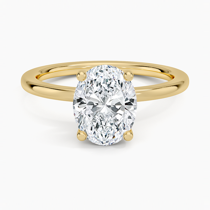 Oval moissanite hidden halo perfect fit engagement ring in yellow gold, top view
