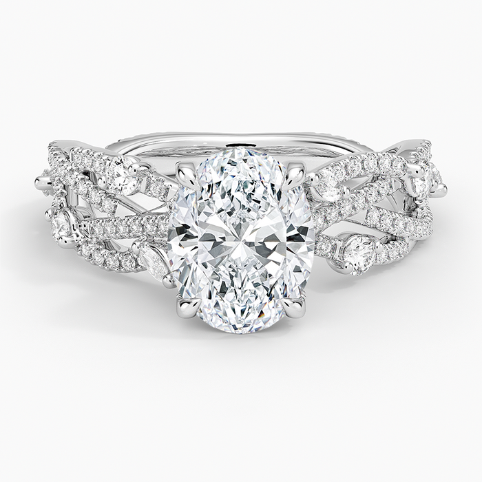 Oval moissanite on a woven multi strand pave band in white gold, top view