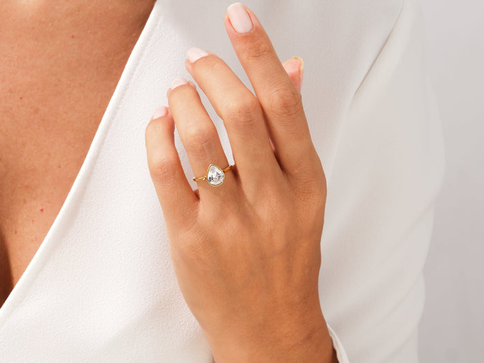 Pear lab grown diamond bezel solitaire ring in yellow gold worn on the hand against a white blouse