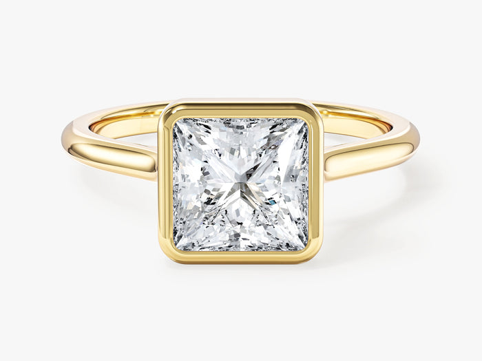 Princess lab grown diamond rub over bezel engagement ring in yellow gold, front view