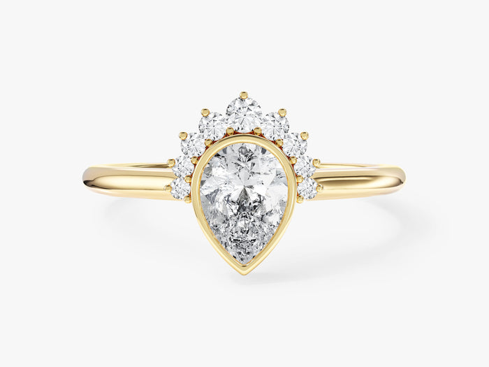Pear lab grown diamond crown halo engagement ring with bezel setting in yellow gold, front view