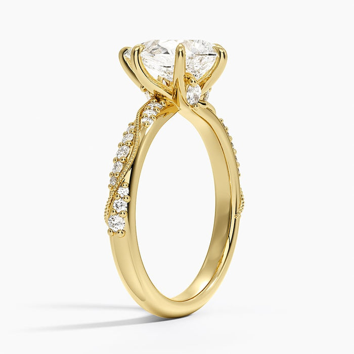 Side view showing milgrain bordered pave panels twisting past the polished strand